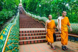 Монахи спускаются по лестнице с храма Doi Suthep.