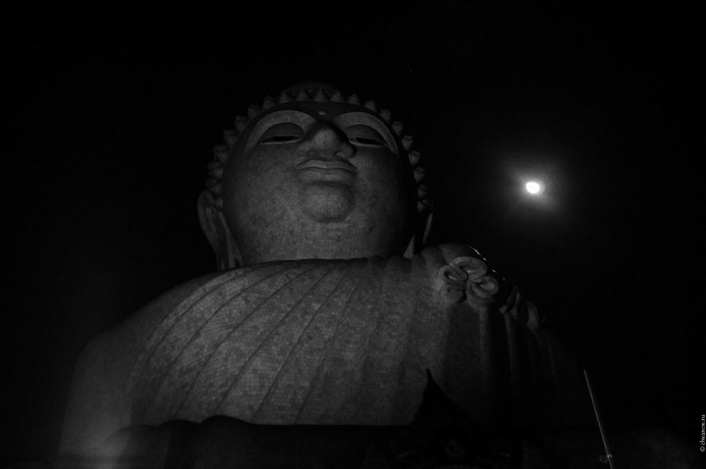 Большой Будда, чей-то фонарик и луна в ч/б.