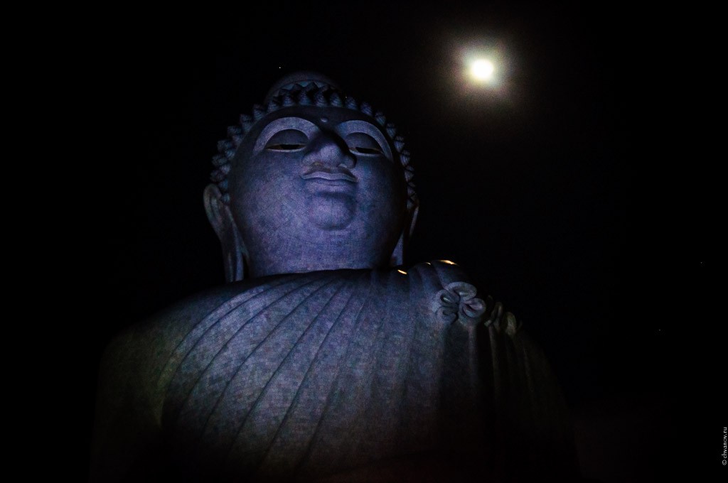 Большой Будда, чей-то фонарик и луна.