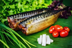 B And A Smoked Fish On Leaves Photo (B and A smoked fish and meat.)